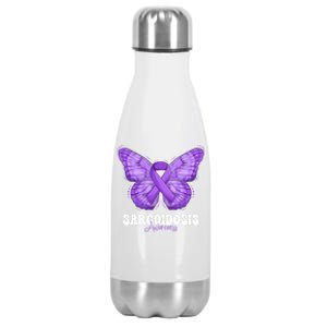 Sarcoidosis Awareness Month Purple Ribbon Butterfly Cool Gift Stainless Steel Insulated Water Bottle