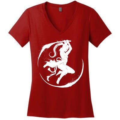 Samurai Lady Katana Slashing Circle Women's V-Neck T-Shirt