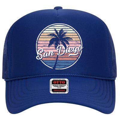 San Diego Palm Tree Vintage Retro High Crown Mesh Back Trucker Hat