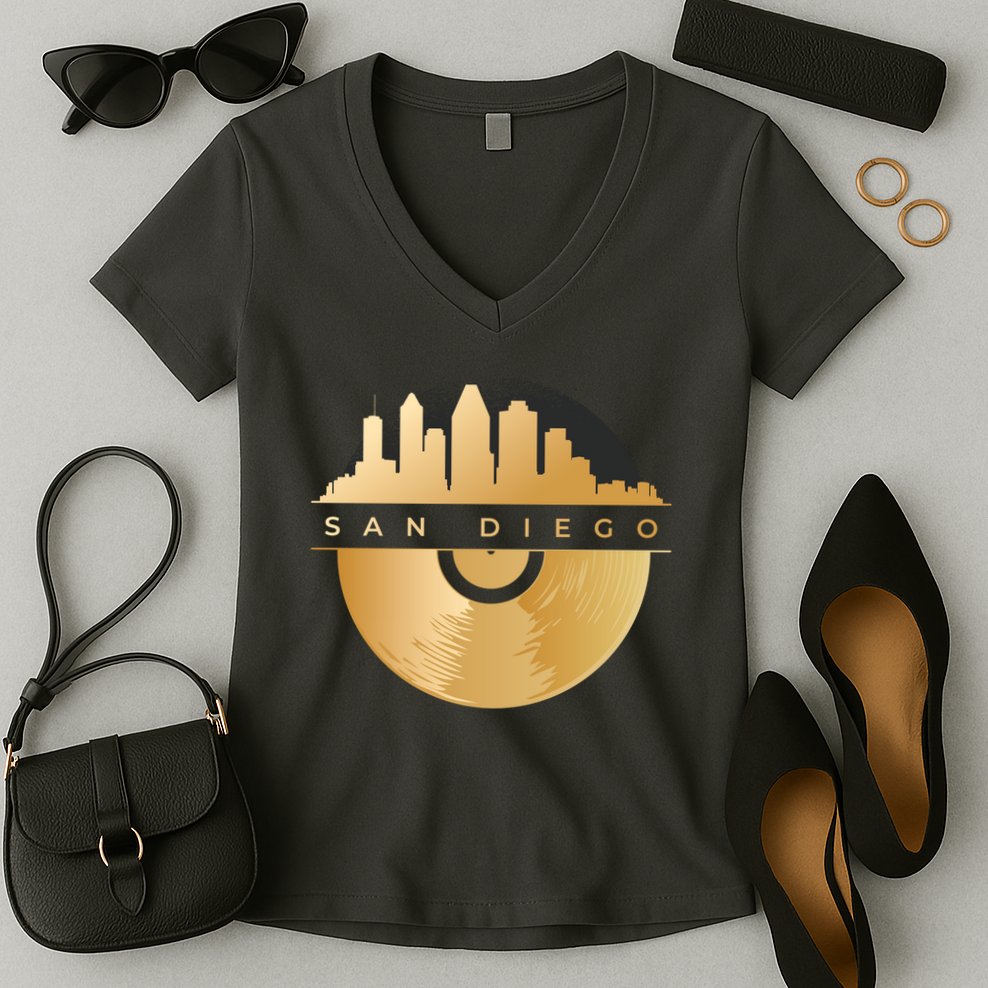 San Diego Vinyl Skyline Women's V-Neck T-Shirt