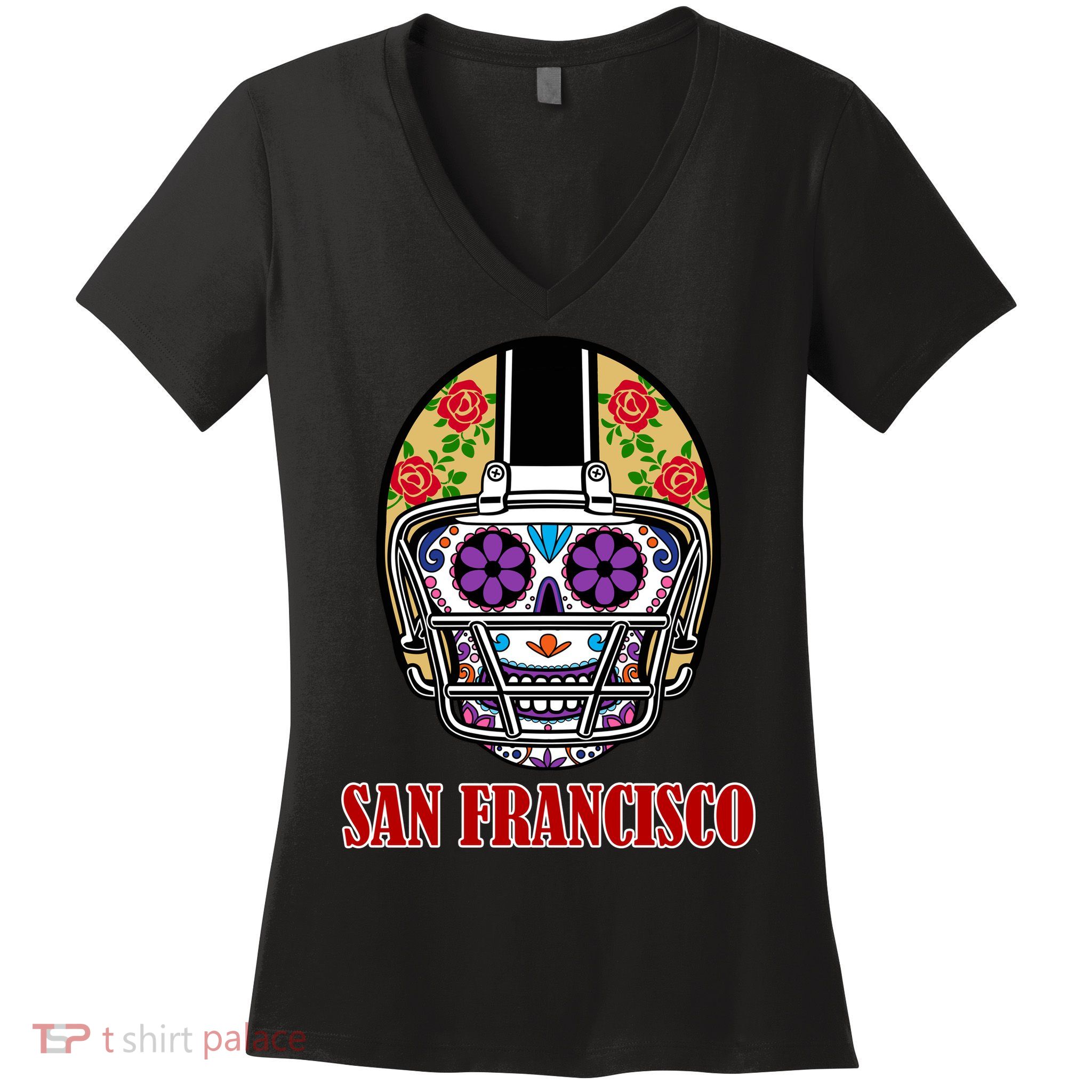 San Francisco Sugar Skull Football Fan Women's V-Neck T-Shirt