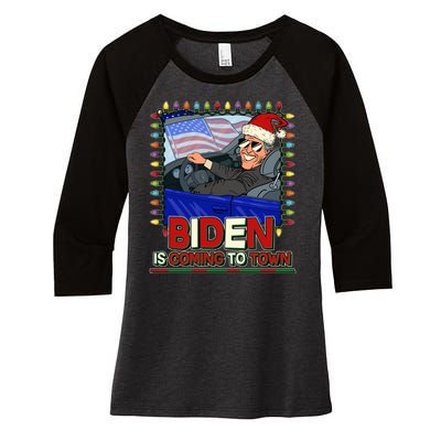 Santa Biden Is Coming To Town Christmas Women's Tri-Blend 3/4-Sleeve Raglan Shirt