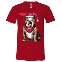 Santa Bulldog Christmas Hat V-Neck T-Shirt