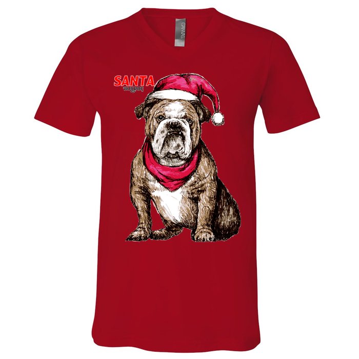 Santa Bulldog Christmas Hat V-Neck T-Shirt