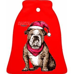 Santa Bulldog Christmas Hat Ceramic Bell Ornament