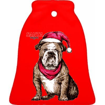 Santa Bulldog Christmas Hat Ceramic Bell Ornament