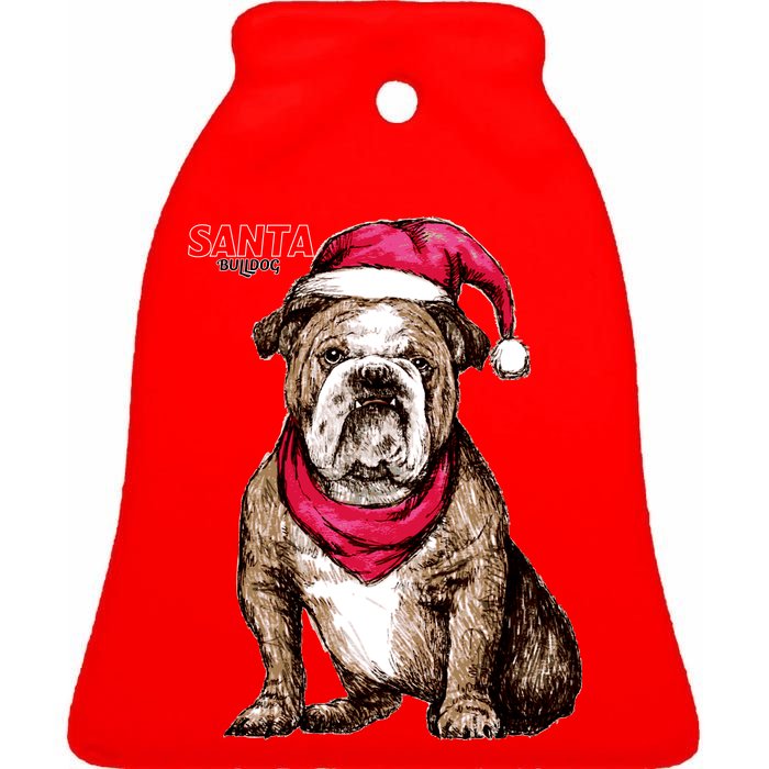 Santa Bulldog Christmas Hat Ceramic Bell Ornament