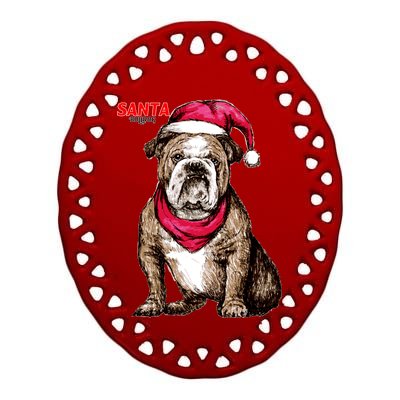 Santa Bulldog Christmas Hat Ceramic Oval Ornament