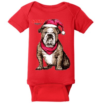 Santa Bulldog Christmas Hat Baby Bodysuit