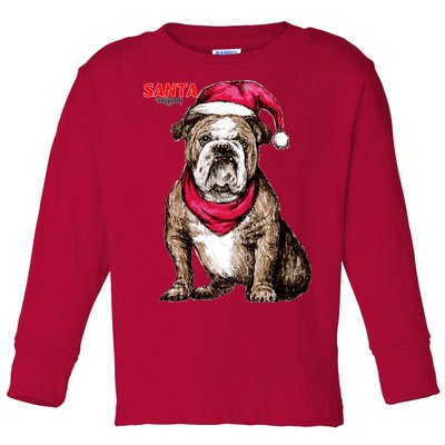 Santa Bulldog Christmas Hat Toddler Long Sleeve Shirt