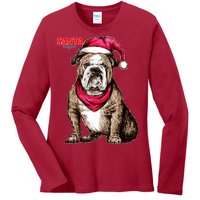 Santa Bulldog Christmas Hat Ladies Long Sleeve Shirt