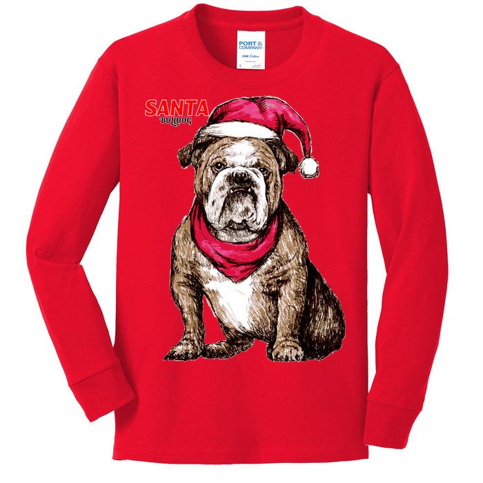 Santa Bulldog Christmas Hat Kids Long Sleeve Shirt