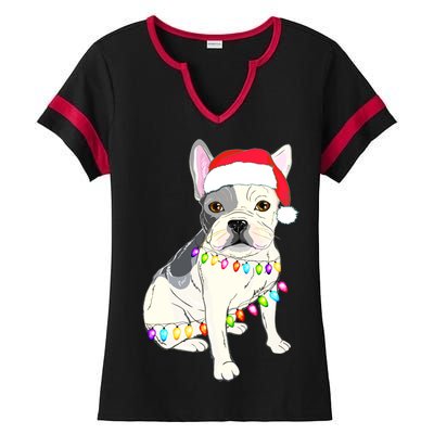 Santa Bulldog Christmas Lights Ladies Halftime Notch Neck Tee