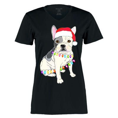 Santa Bulldog Christmas Lights Women's Momentum V-Neck T-Shirt