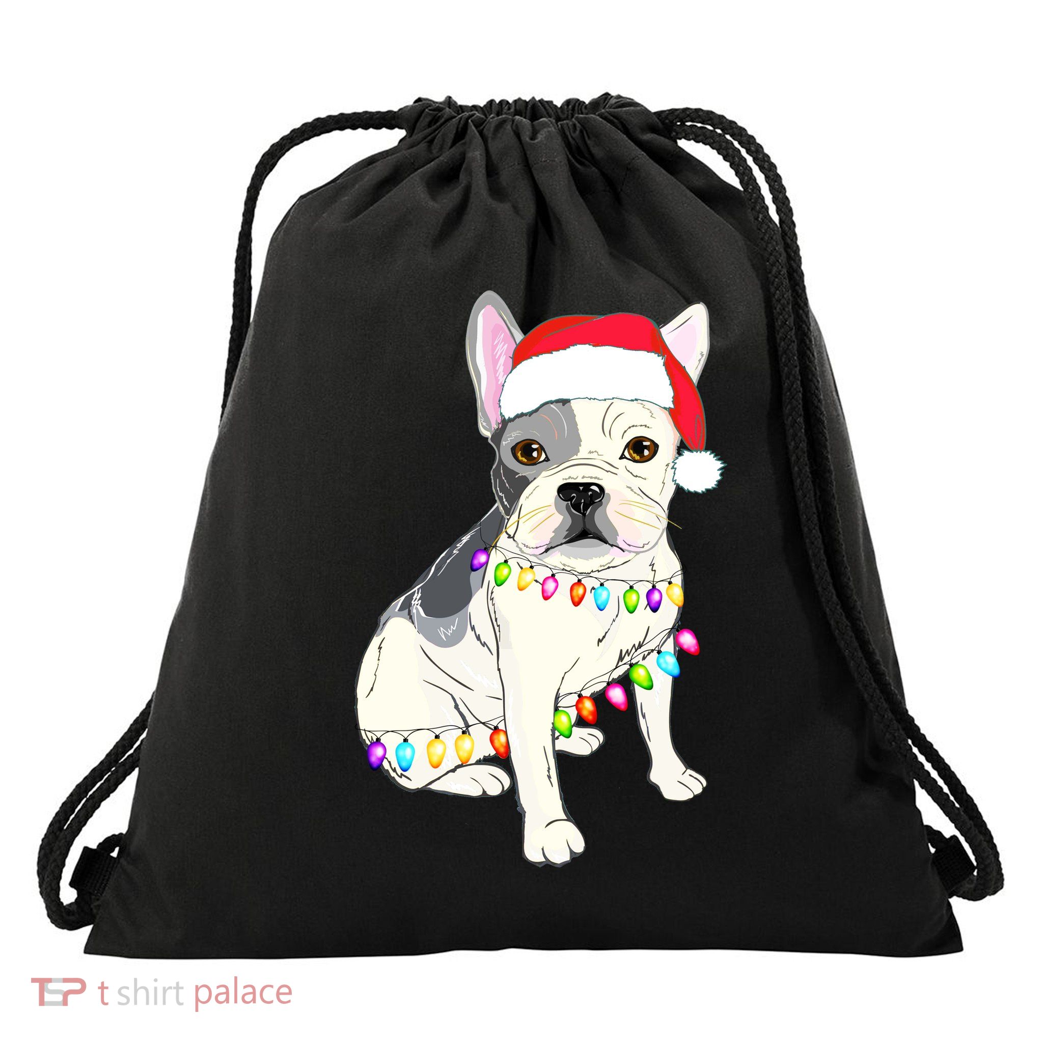 Santa Bulldog Christmas Lights Drawstring Bag