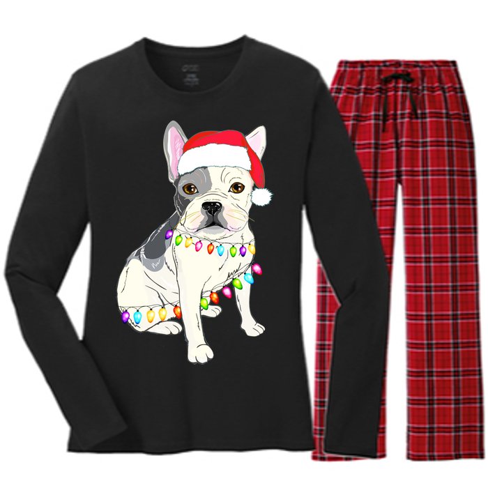 Santa Bulldog Christmas Lights Women's Long Sleeve Flannel Pajama Set 