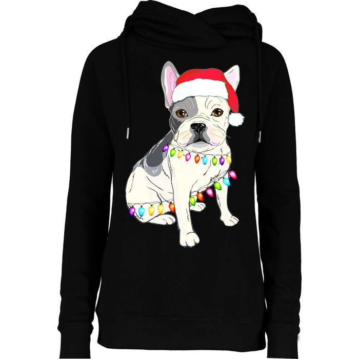 Santa Bulldog Christmas Lights Womens Funnel Neck Pullover Hood