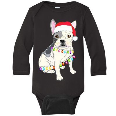 Santa Bulldog Christmas Lights Baby Long Sleeve Bodysuit