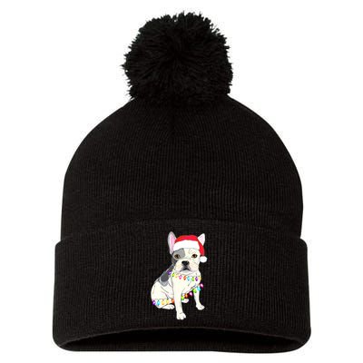 Santa Bulldog Christmas Lights Pom Pom 12in Knit Beanie