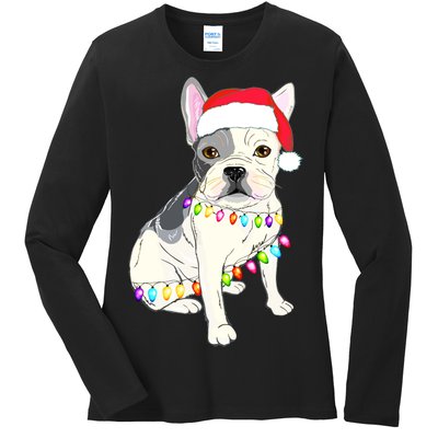 Santa Bulldog Christmas Lights Ladies Long Sleeve Shirt