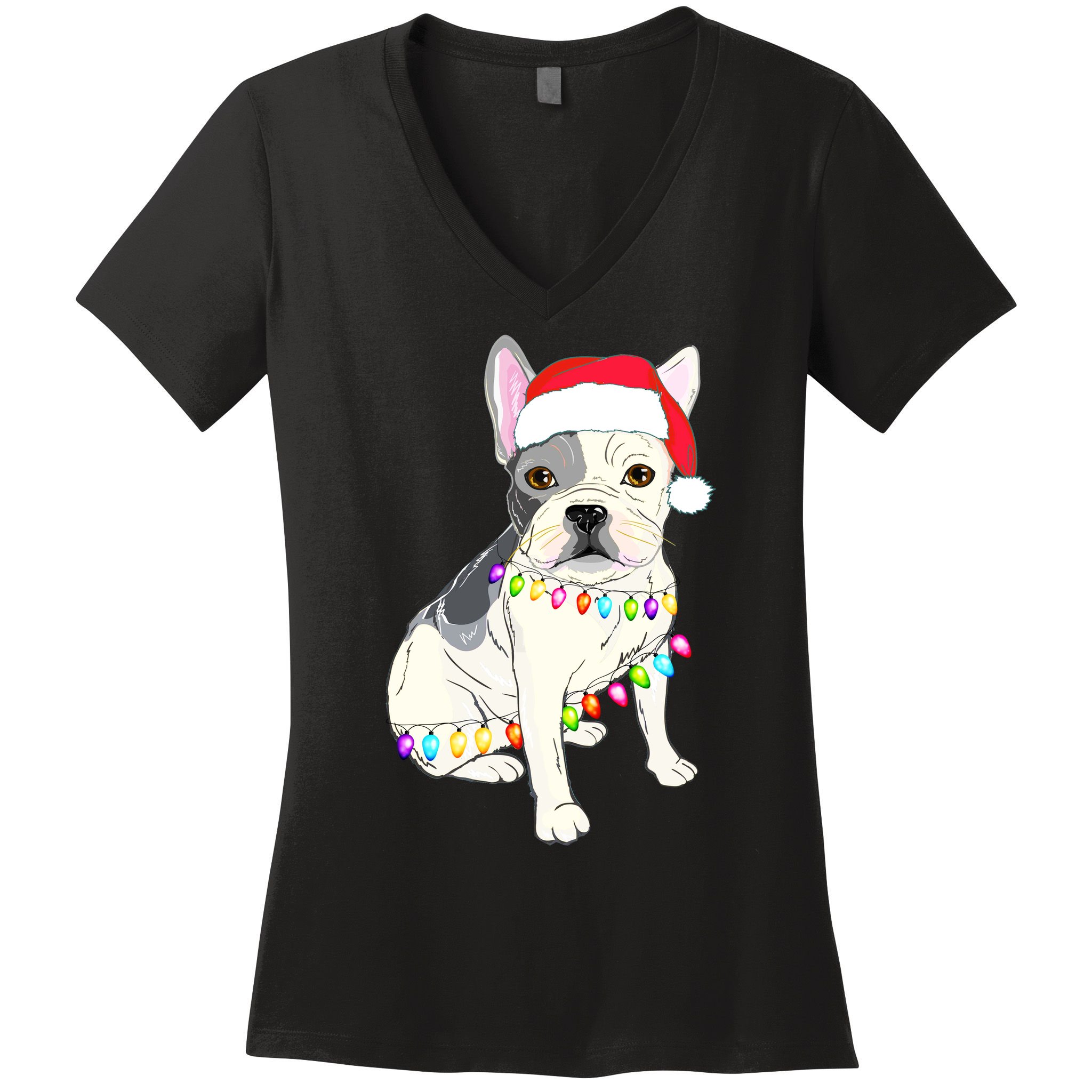 Santa Bulldog Christmas Lights Women's V-Neck T-Shirt
