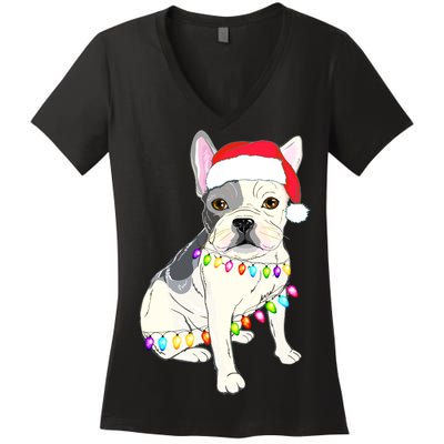 Santa Bulldog Christmas Lights Women's V-Neck T-Shirt