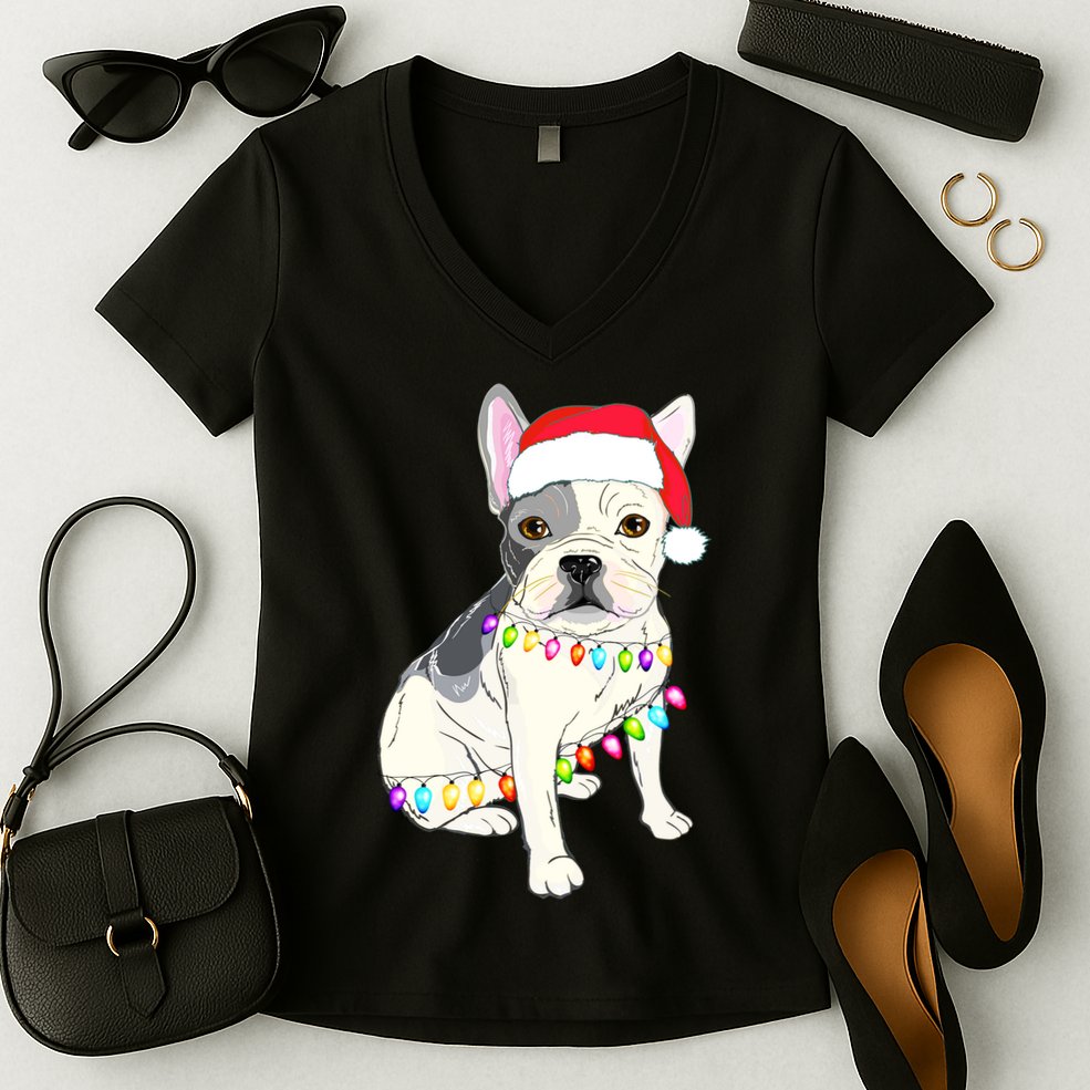 Santa Bulldog Christmas Lights Women's V-Neck T-Shirt