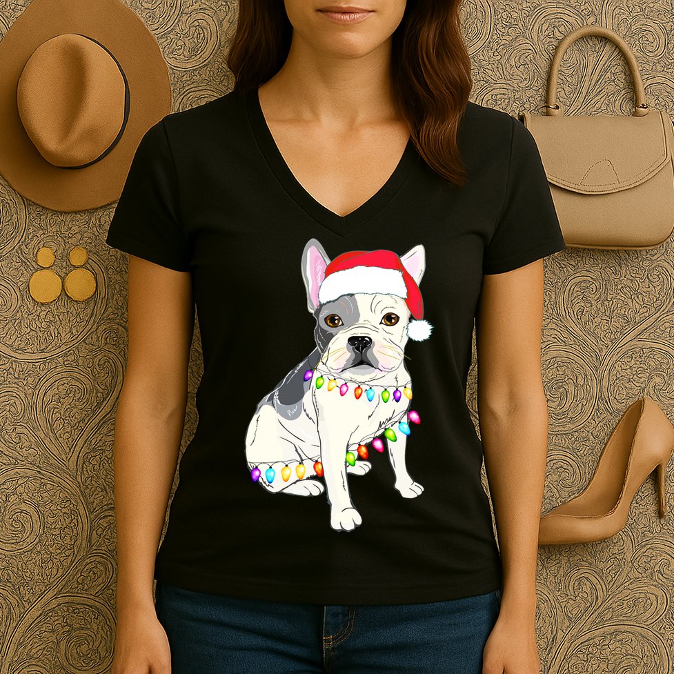 Santa Bulldog Christmas Lights Women's V-Neck T-Shirt