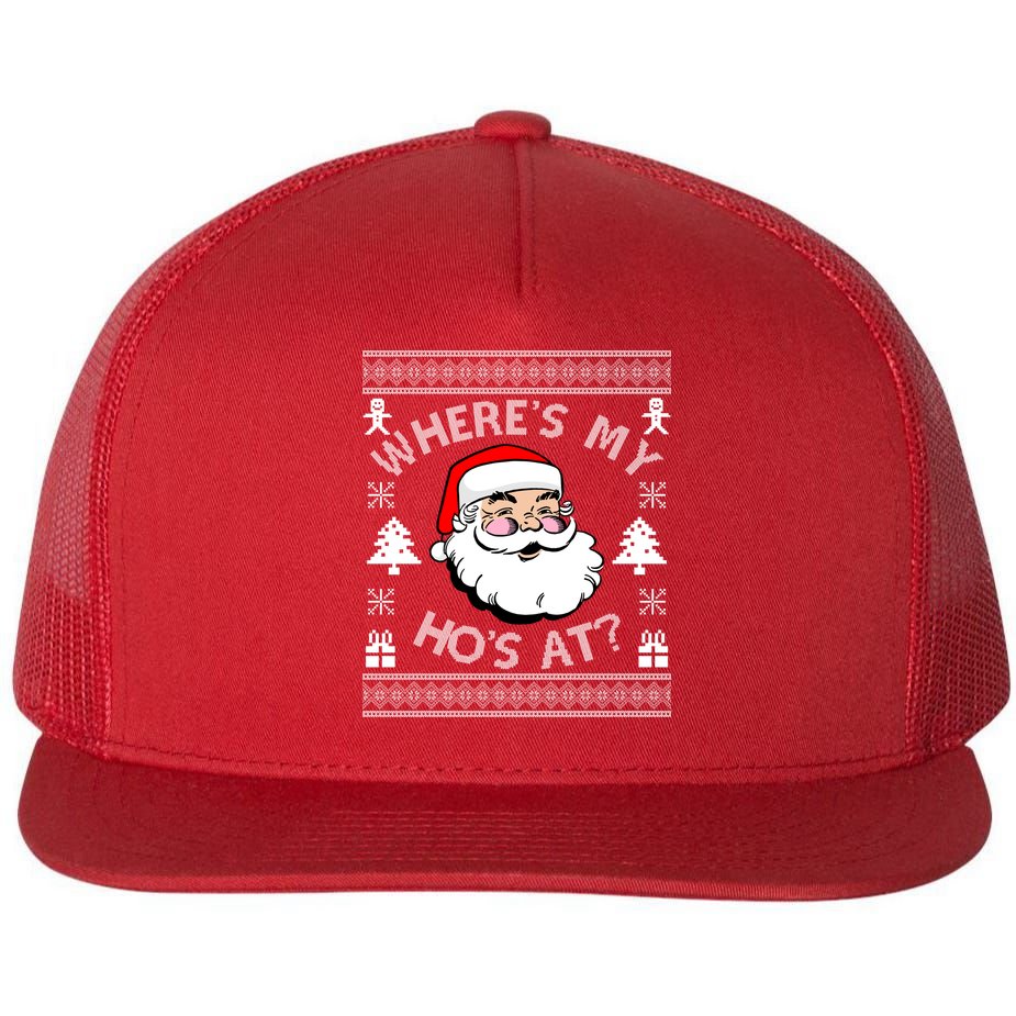 Santa Claus Where's My Ho's At? Funny Ugly Christmas Flat Bill Trucker Hat