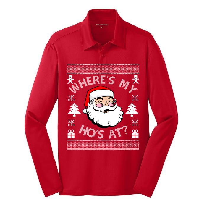 Santa Claus Where's My Ho's At? Funny Ugly Christmas Silk Touch Performance Long Sleeve Polo