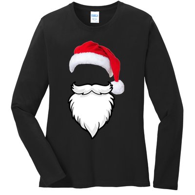 Santa Clause Mustache Beard Hat Ladies Long Sleeve Shirt