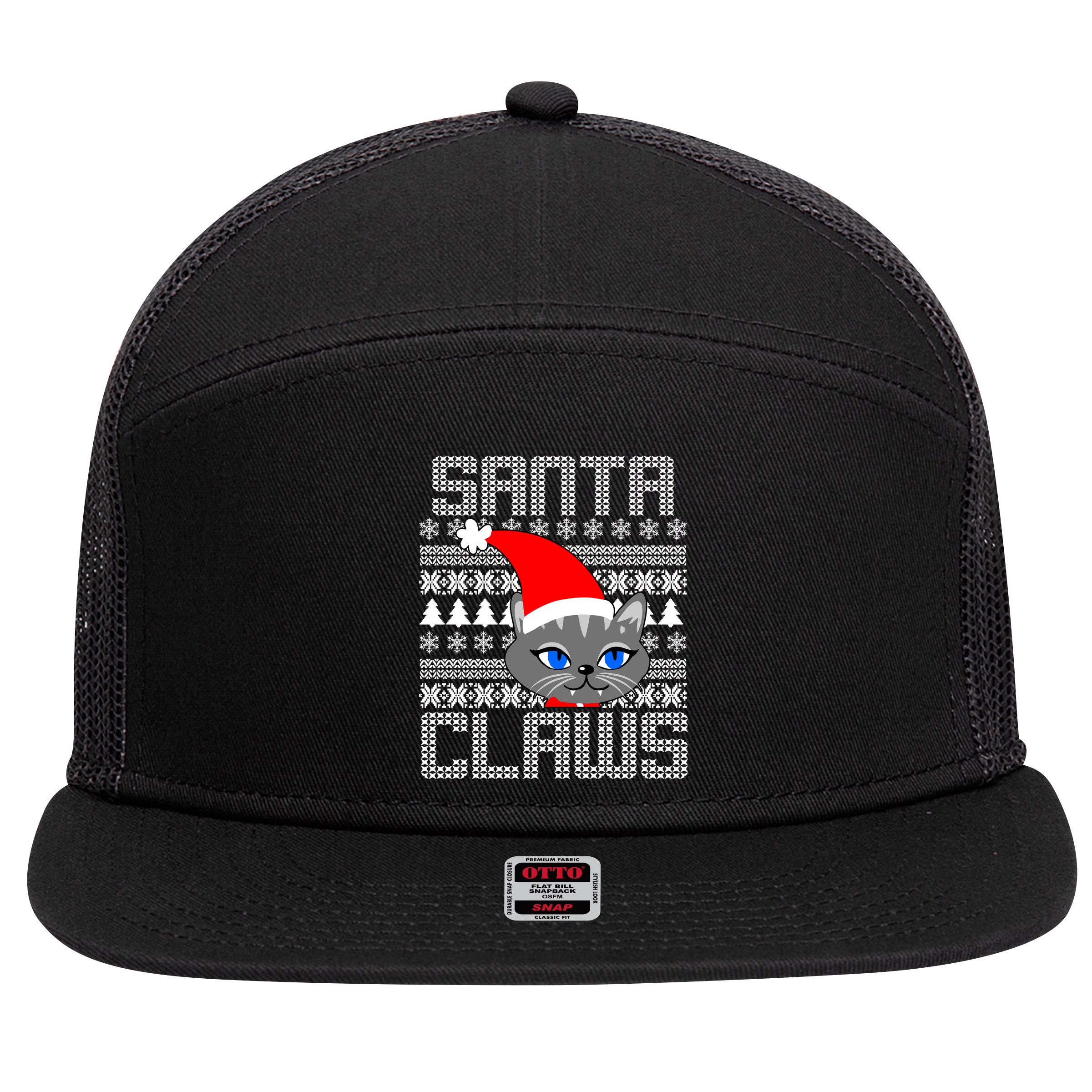 Santa Claws Cat Ugly Christmas Sweater Design 7 Panel Mesh Trucker Snapback Hat