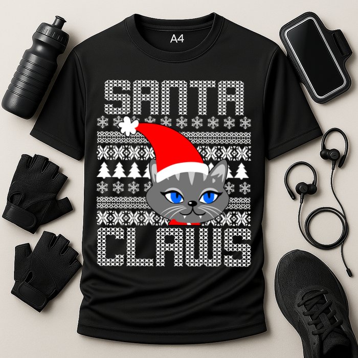Santa Claws Cat Ugly Christmas Sweater Design Cooling Performance Crew T-Shirt