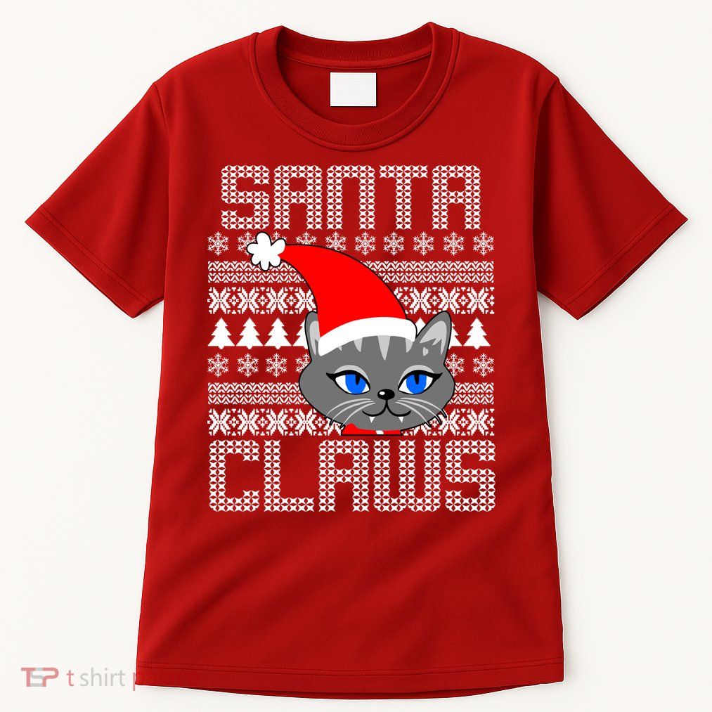 Santa Claws Cat Ugly Christmas Sweater Design Tall T-Shirt