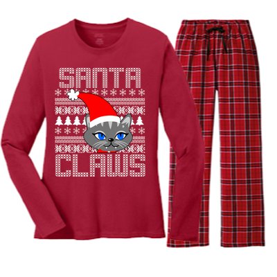 Santa Claws Cat Ugly Christmas Sweater Design Women's Long Sleeve Flannel Pajama Set 