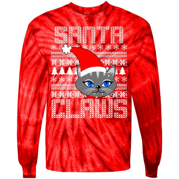 Santa Claws Cat Ugly Christmas Sweater Design Tie-Dye Long Sleeve Shirt