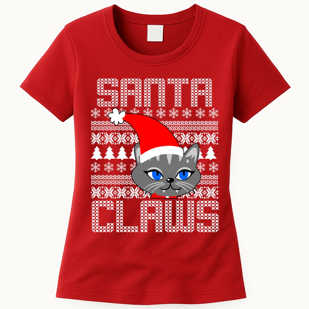 Santa Claws Cat Ugly Christmas Sweater Design Womens T-Shirt