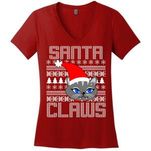 Santa Claws Cat Ugly Christmas Sweater Design Women's V-Neck T-Shirt