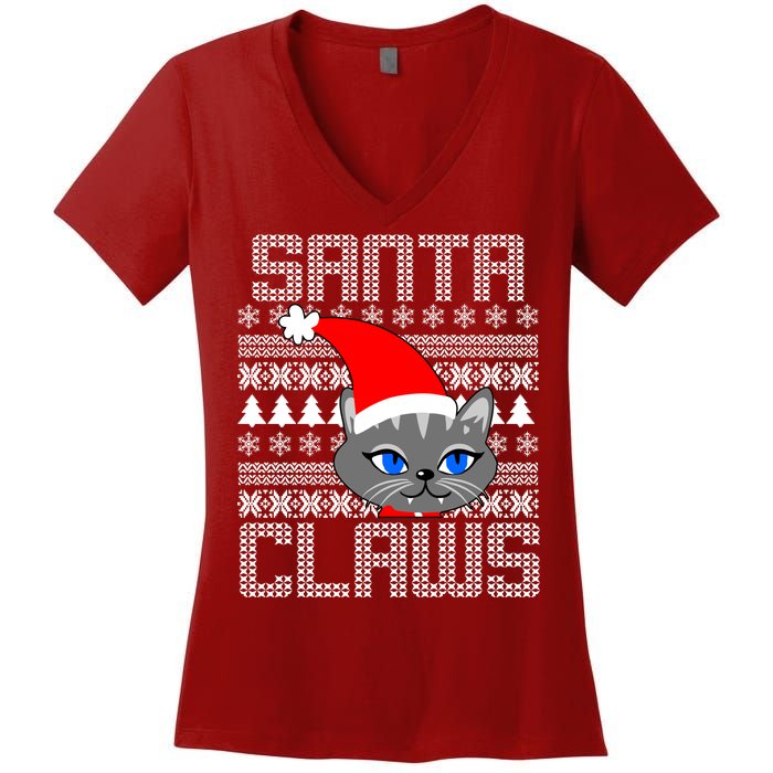 Santa Claws Cat Ugly Christmas Sweater Design Women's V-Neck T-Shirt