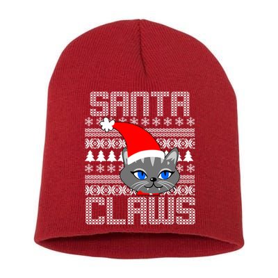 Santa Claws Cat Ugly Christmas Sweater Design Short Acrylic Beanie