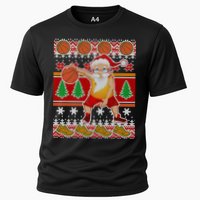 Santa Dribbling A Basketball Ugly Christmas Cooling Performance Crew T-Shirt