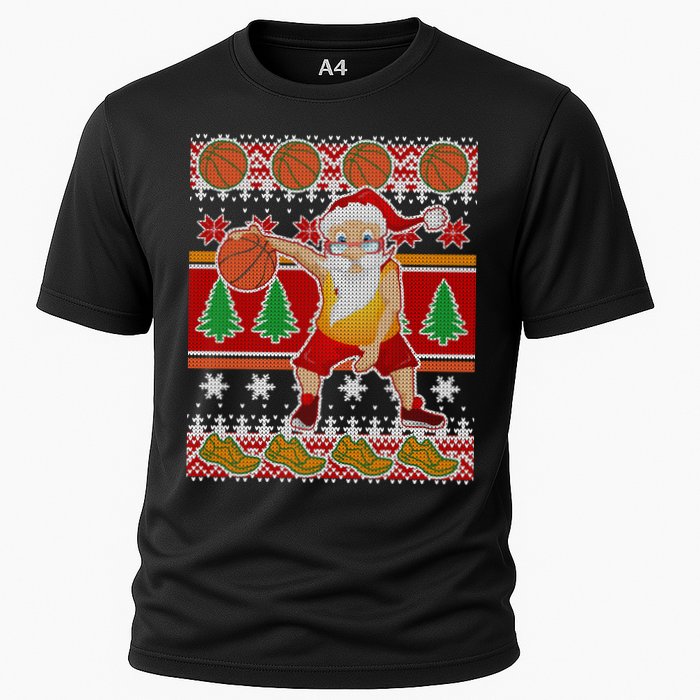 Santa Dribbling A Basketball Ugly Christmas Cooling Performance Crew T-Shirt