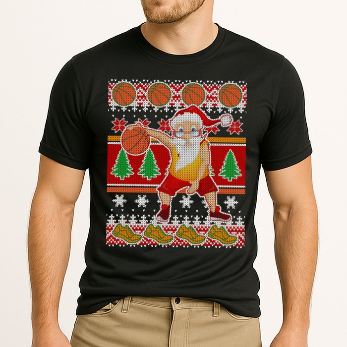 Santa Dribbling A Basketball Ugly Christmas Cooling Performance Crew T-Shirt