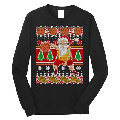 Santa Dribbling A Basketball Ugly Christmas Long Sleeve Shirt