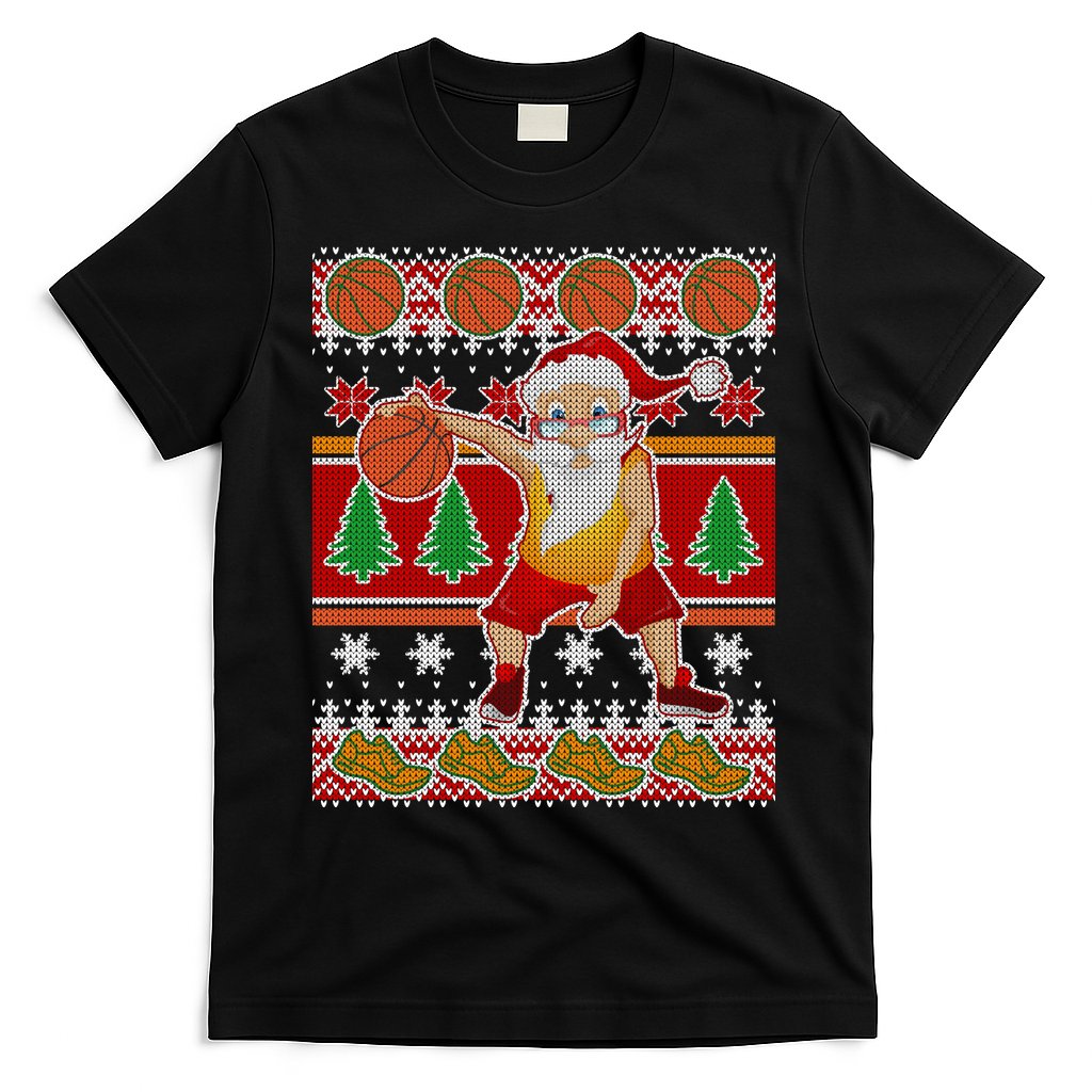 Santa Dribbling A Basketball Ugly Christmas T-Shirt