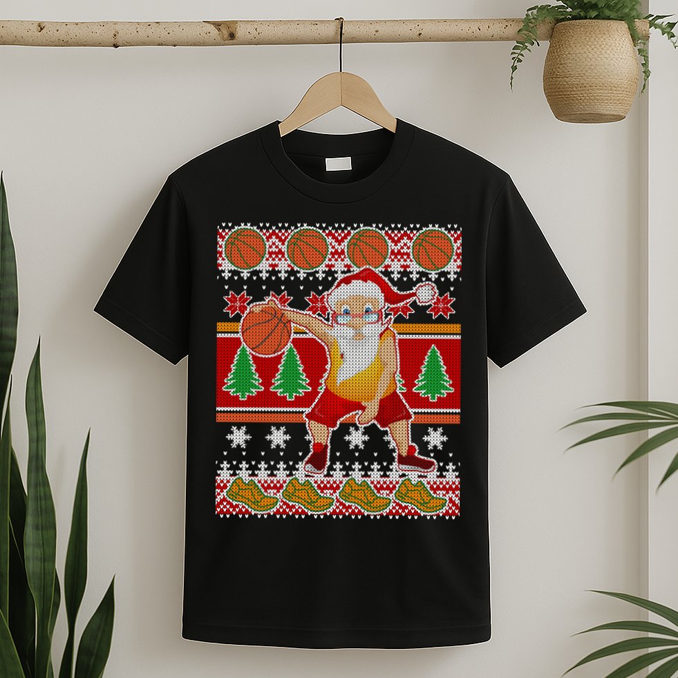 Santa Dribbling A Basketball Ugly Christmas T-Shirt