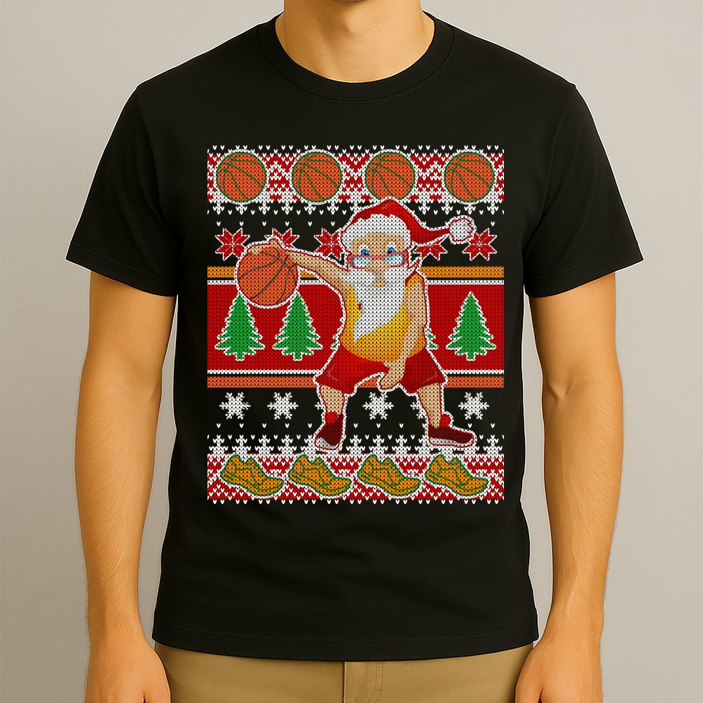 Santa Dribbling A Basketball Ugly Christmas T-Shirt