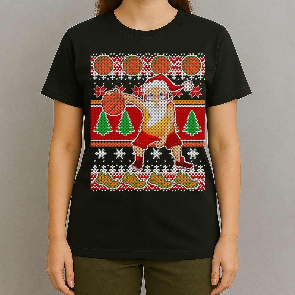 Santa Dribbling A Basketball Ugly Christmas T-Shirt