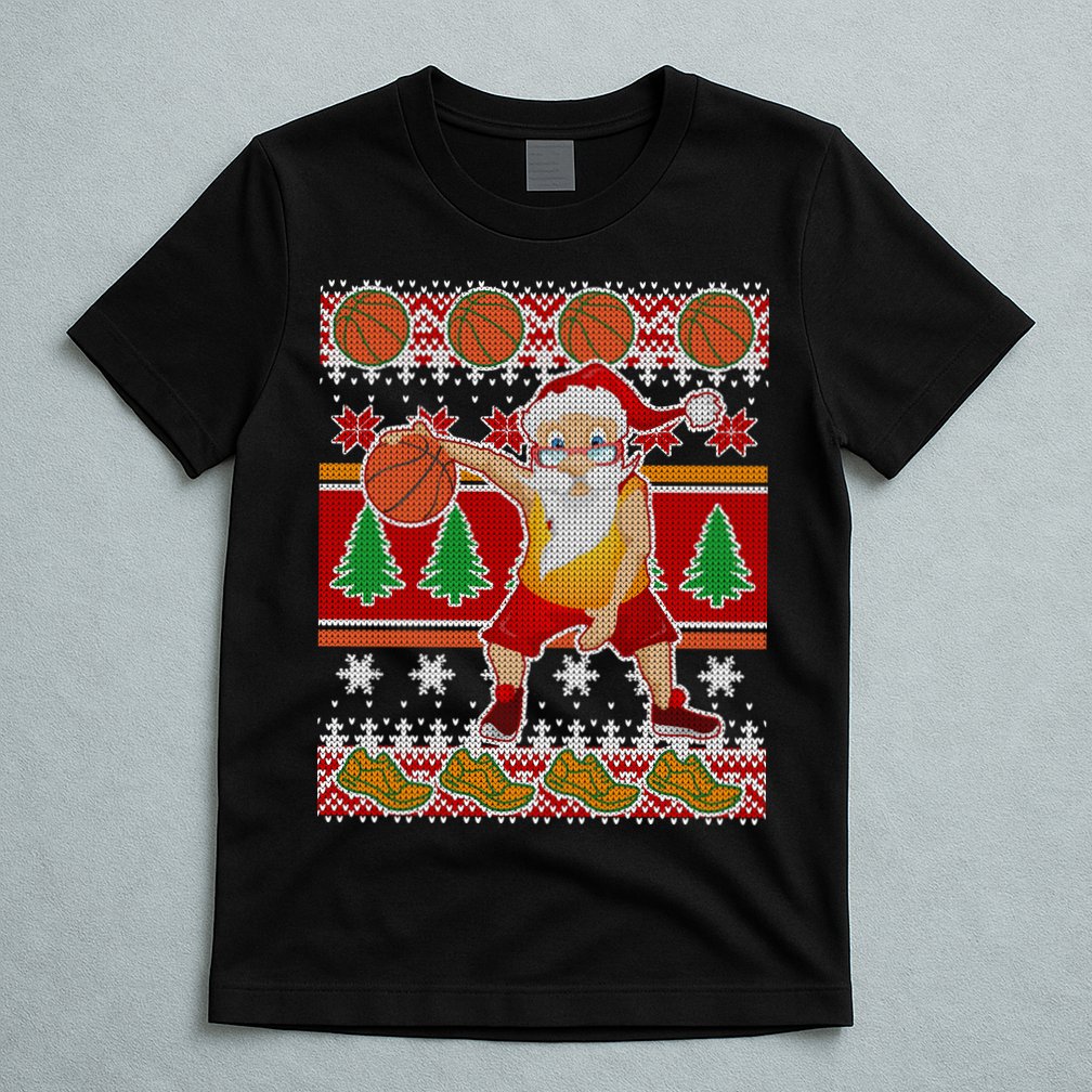 Santa Dribbling A Basketball Ugly Christmas T-Shirt