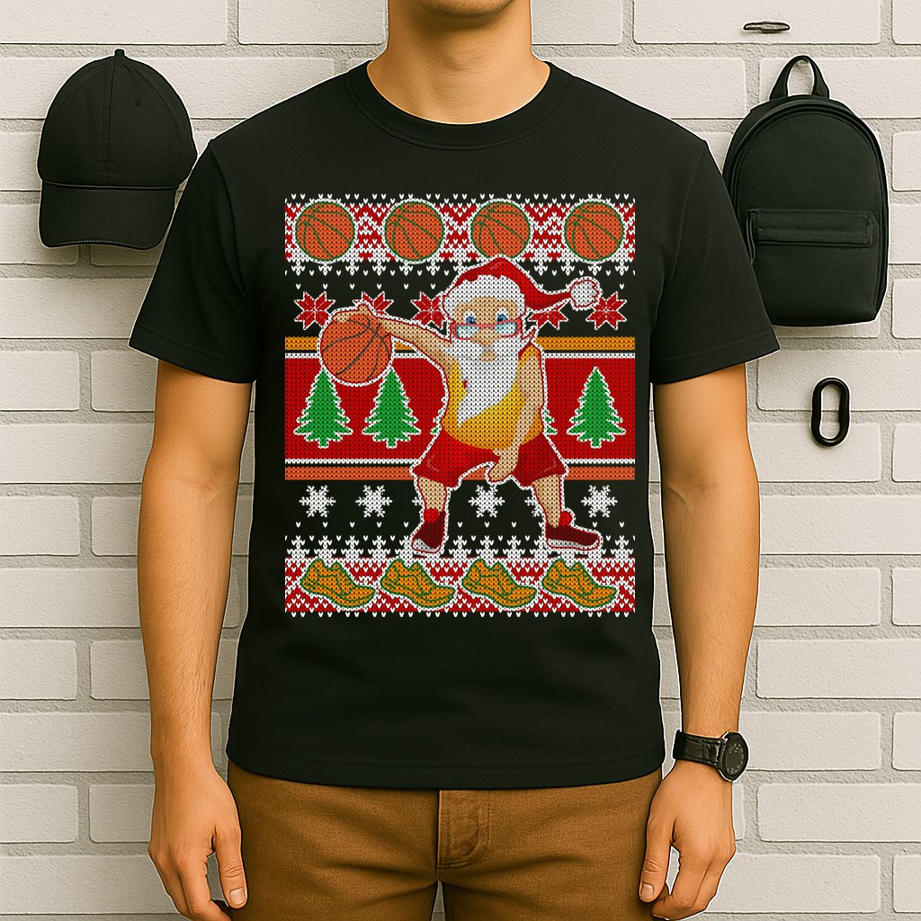 Santa Dribbling A Basketball Ugly Christmas T-Shirt